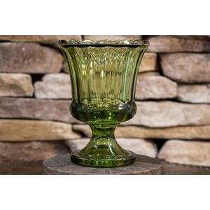 Indiana Glass Avocado Green Pedestal Bowl | Cottagecore Centerpiece
